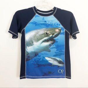 Kids Med (8) - OP blue swim shirt, swimming sharks